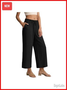 Cropped Wide Leg Palazzo Pants Elastic Waist with Pockets Flow